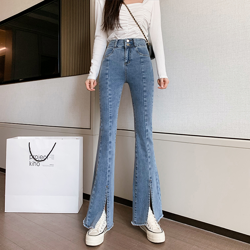 實拍2023秋季時尚潮流修身微喇美式復古牛仔褲女