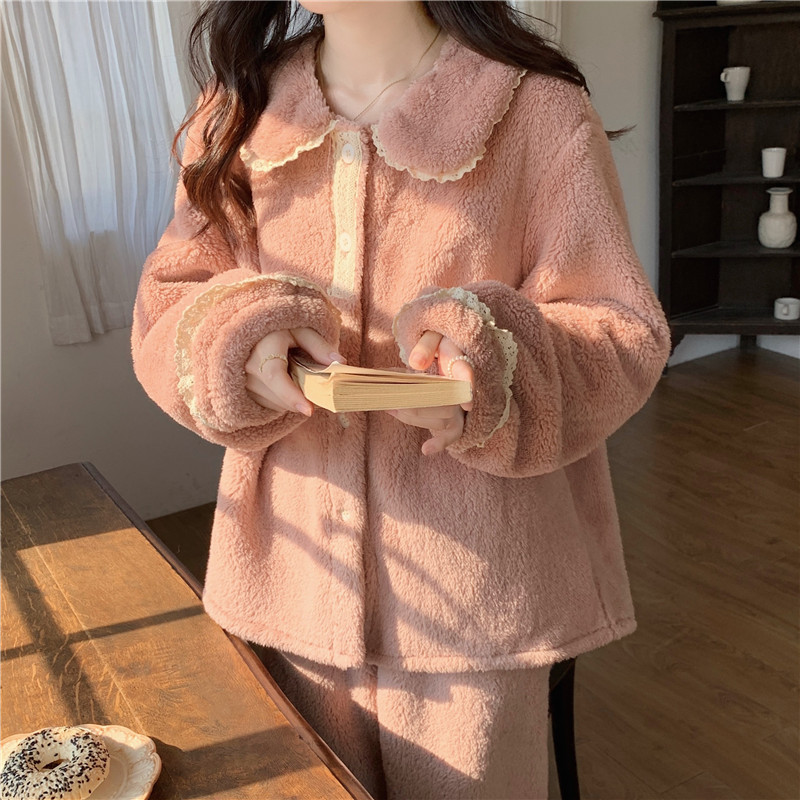實拍韓版甜美冬季保暖加厚珊瑚絨甜美蕾絲寬鬆休閒外穿家居服