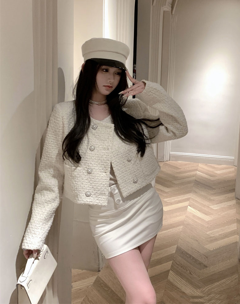 實拍~秋冬新款港式復古經典簡約雙口袋短款粗花呢小香風外套