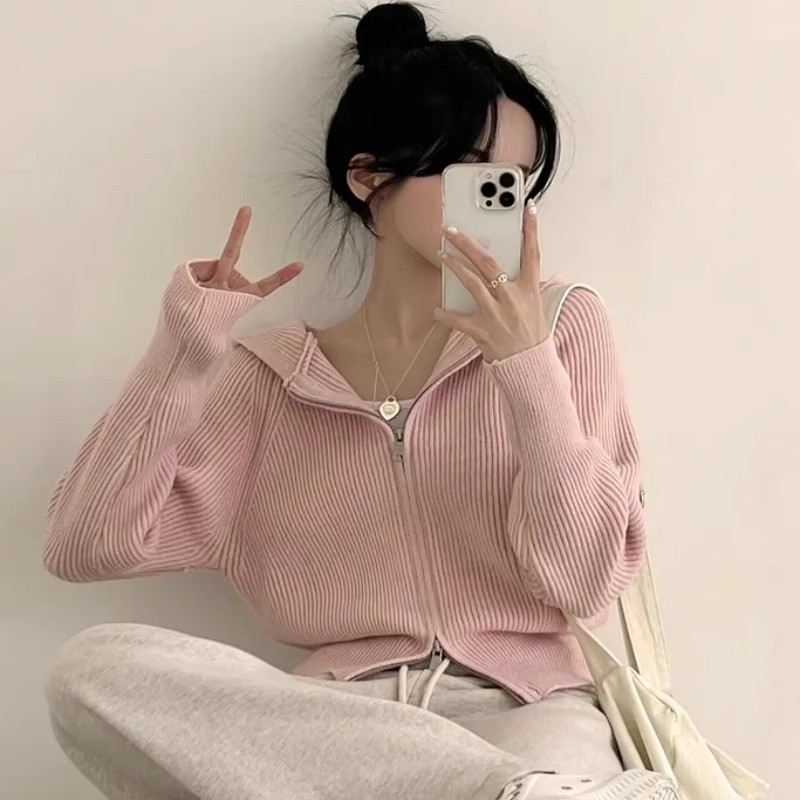 韓版chic時尚百搭雙頭拉鏈連帽毛衣外套女秋冬短款針織衫開衫上衣