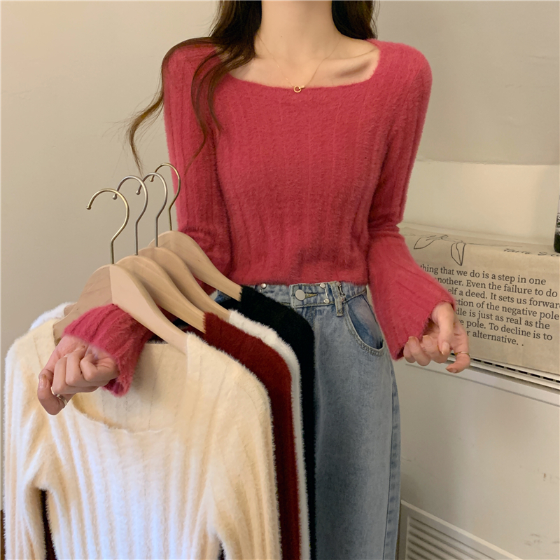 Actual shot of new autumn and winter Korean style square collar soft waxy plush short long-sleeved sweater sweater top for women