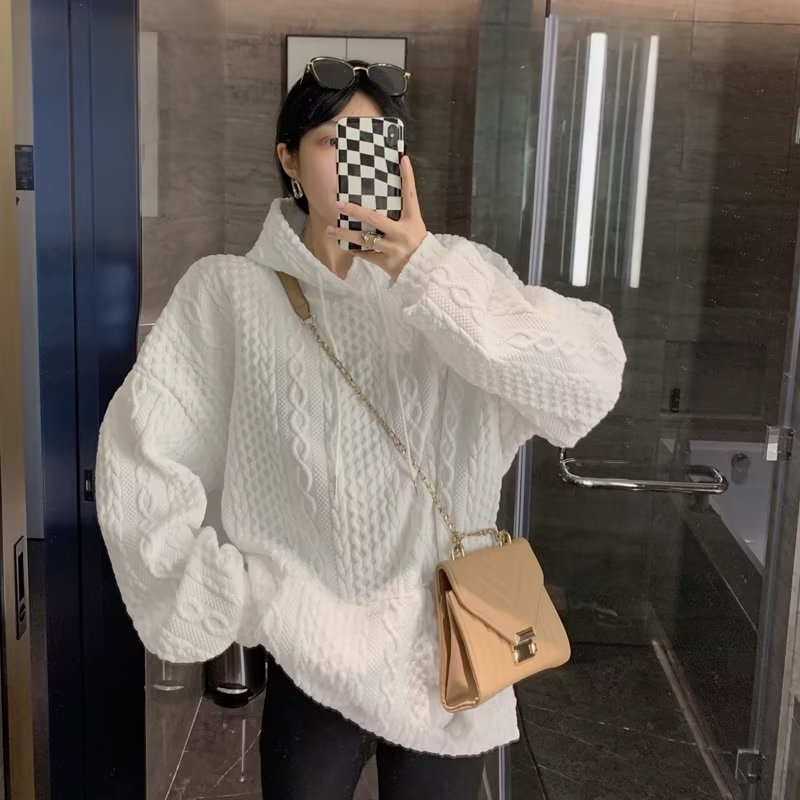 Twist pattern white waffle sweatshirt for women autumn 2023 new design niche loose hooded long-sleeved top