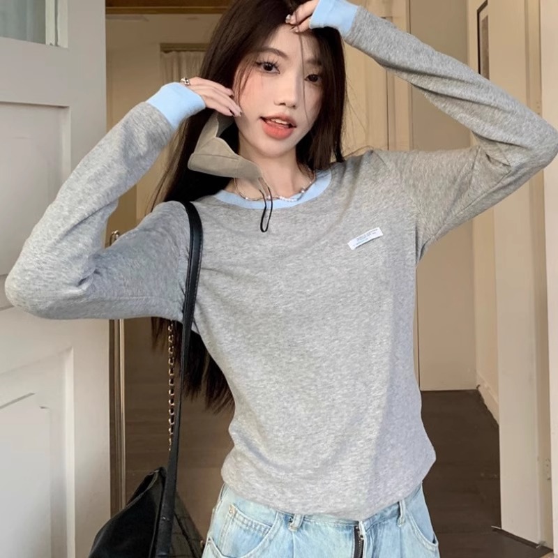 Old 6 Wardrobe Round Neck Contrast Color Bottoming Shirt Women's 2023 Autumn Long Sleeve T-Shirt Top