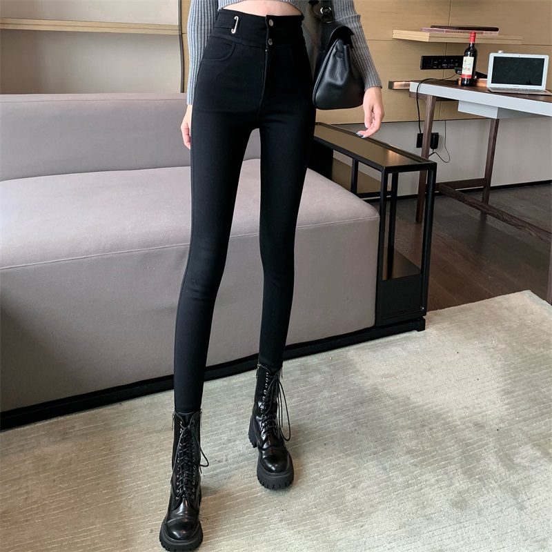實拍~高腰彈力黑色打底褲女加絨外穿緊身小腳鉛筆長褲