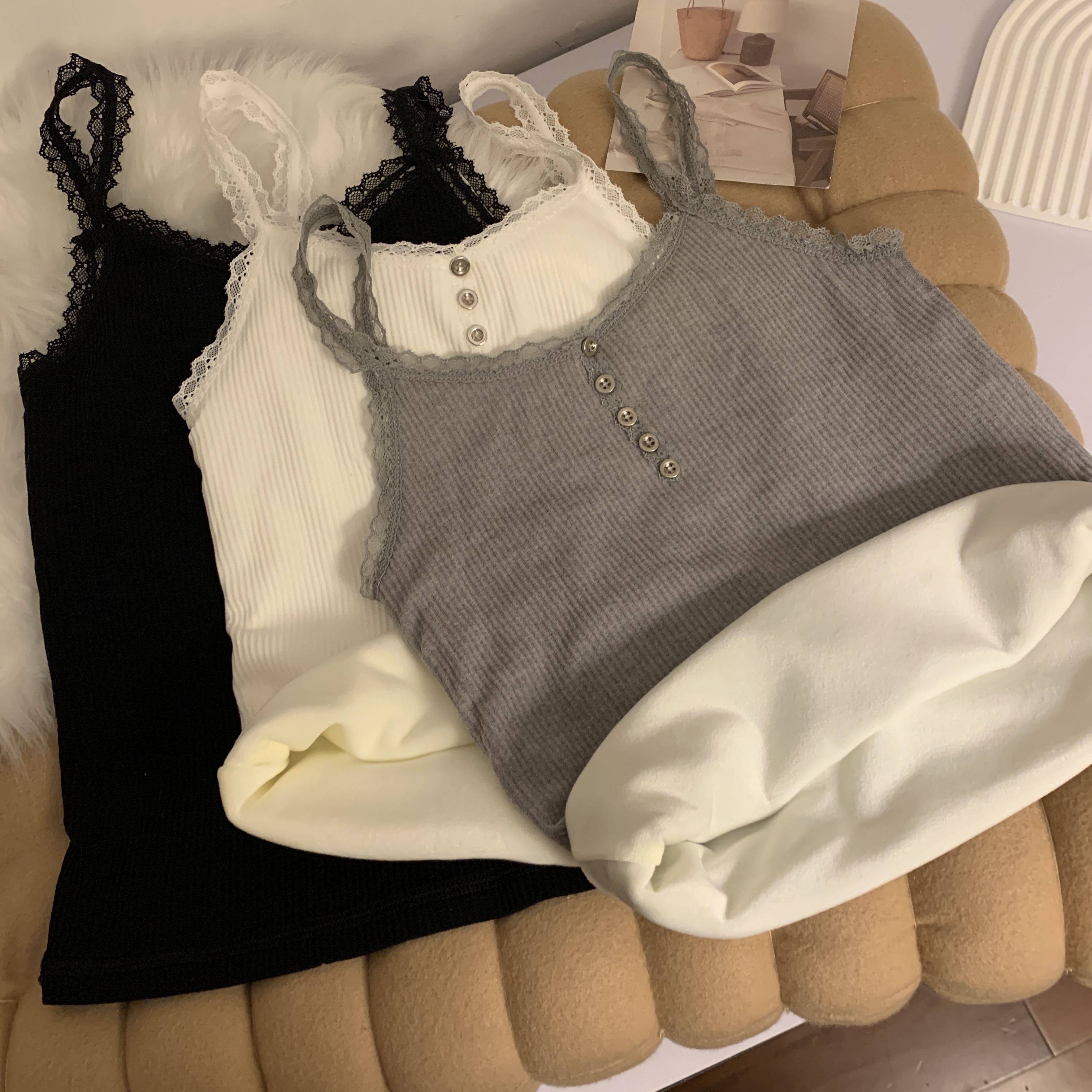 實拍 加絨加厚秋冬韓版內搭吊帶背心女保暖打底衫無袖上衣