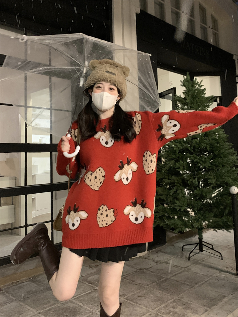 實拍~紅色套頭毛衣女秋冬寬鬆外穿本命年洋氣針織衫上衣