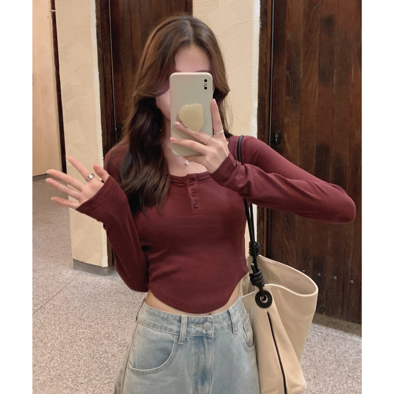 實拍酒紅色不規則長袖t恤女秋冬半開領純欲鎖骨緊身高腰上衣
