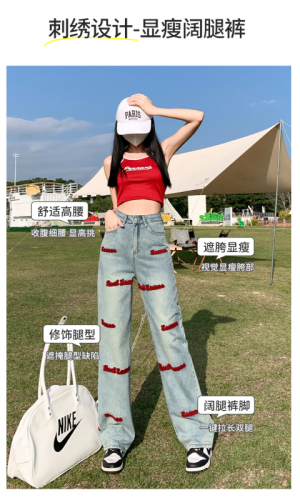 实拍秋季时尚潮流高腰宽松阔腿刺绣美式复古牛仔裤女