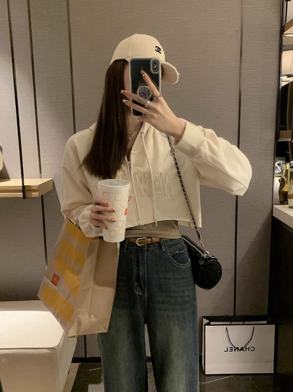 美式連帽拉鏈衛衣兩件套女秋季新款背心字母設計感短款上衣