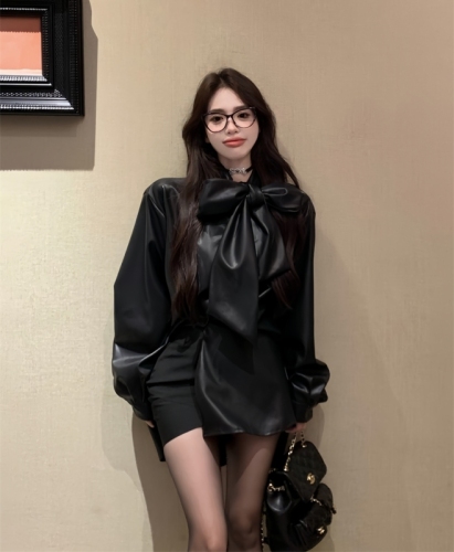 Real shot of autumn and winter retro lace-up bow pu leather shirt loose slimming design leather top for women
