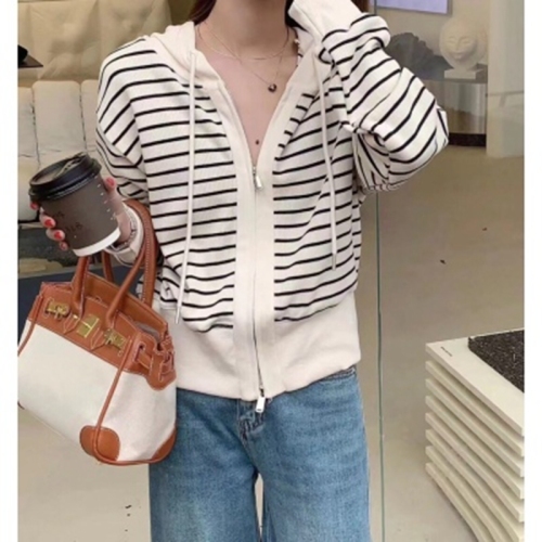 American retro age-reducing striped hooded knitted cardigan for women  new style foreign style versatile slimming top