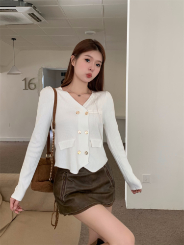 Real shot of new autumn and winter V-neck temperament double-breasted long-sleeved knitted cardigan niche irregular hem sweater