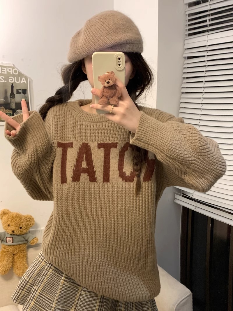 慵懶風復古字母刺繡針織衫毛衣女裝秋季2023新款寬鬆顯瘦長袖上衣