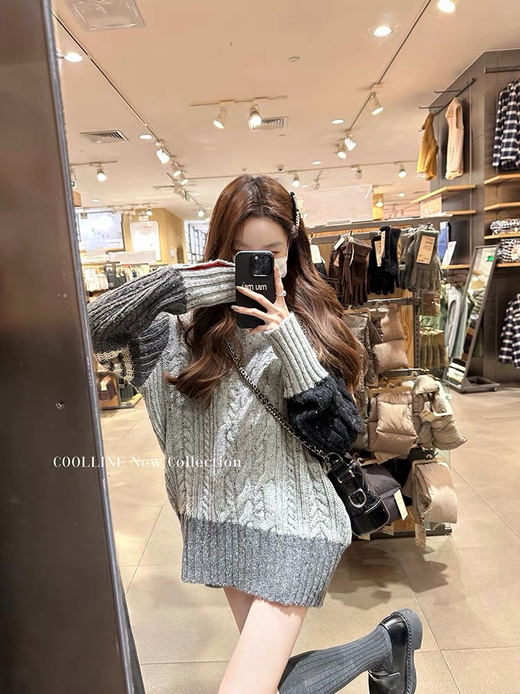 COOLLINE林子熙 英倫高校 灰色學院風套頭毛衣女寬鬆慵懶風上衣