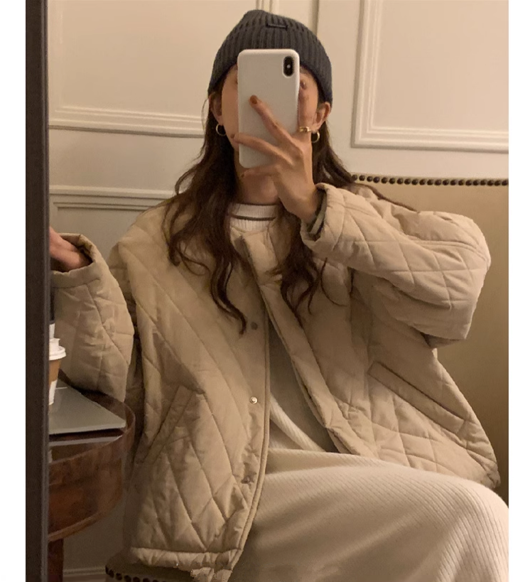 European Station 2023 Autumn New European Diamond Check Padded Jacket Women's Autumn and Winter Loose Thin Cotton Clothes Top Trendy