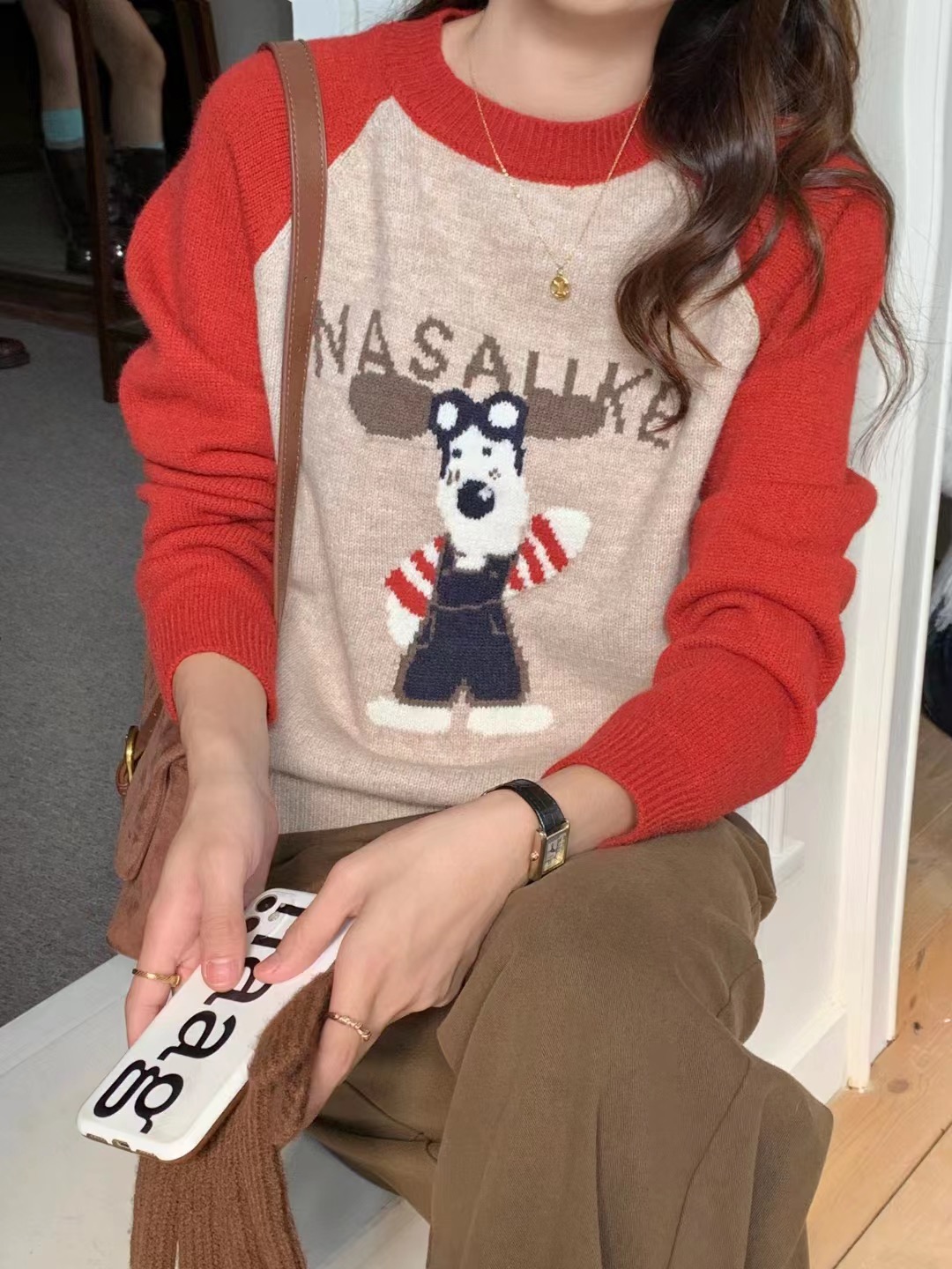 針織衫女秋十三行2023新款美式復古提花插肩袖卡通字母套頭細毛衣