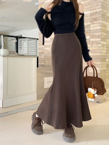 Actual shot ~ Autumn and winter new Korean style fishtail skirt with elastic waist, slim hip-covering skirt, long skirt, trendy for women