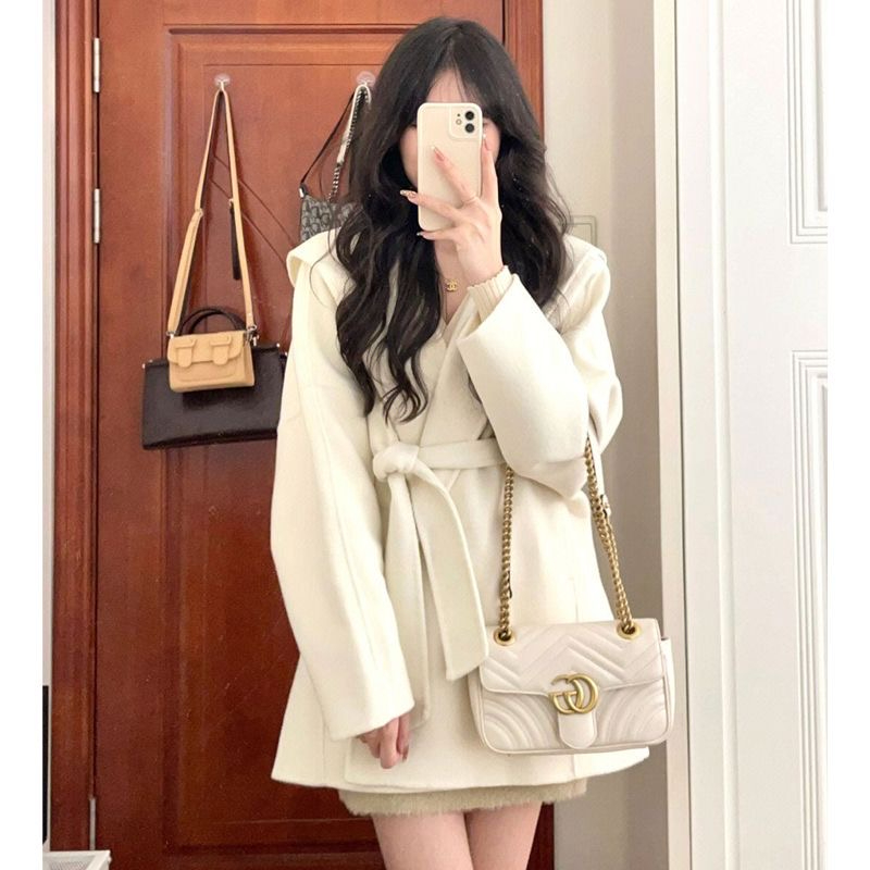 French style small style woolen coat for women, high-end lace-up waist, short white double-sided woolen coat for winter