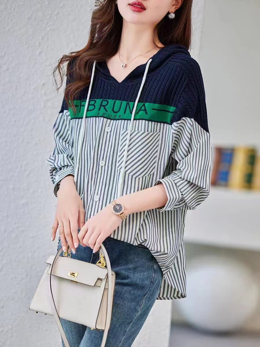 休閒連帽條紋襯衫女春秋2023新款歐貨寬鬆時尚洋氣長袖假兩件上衣