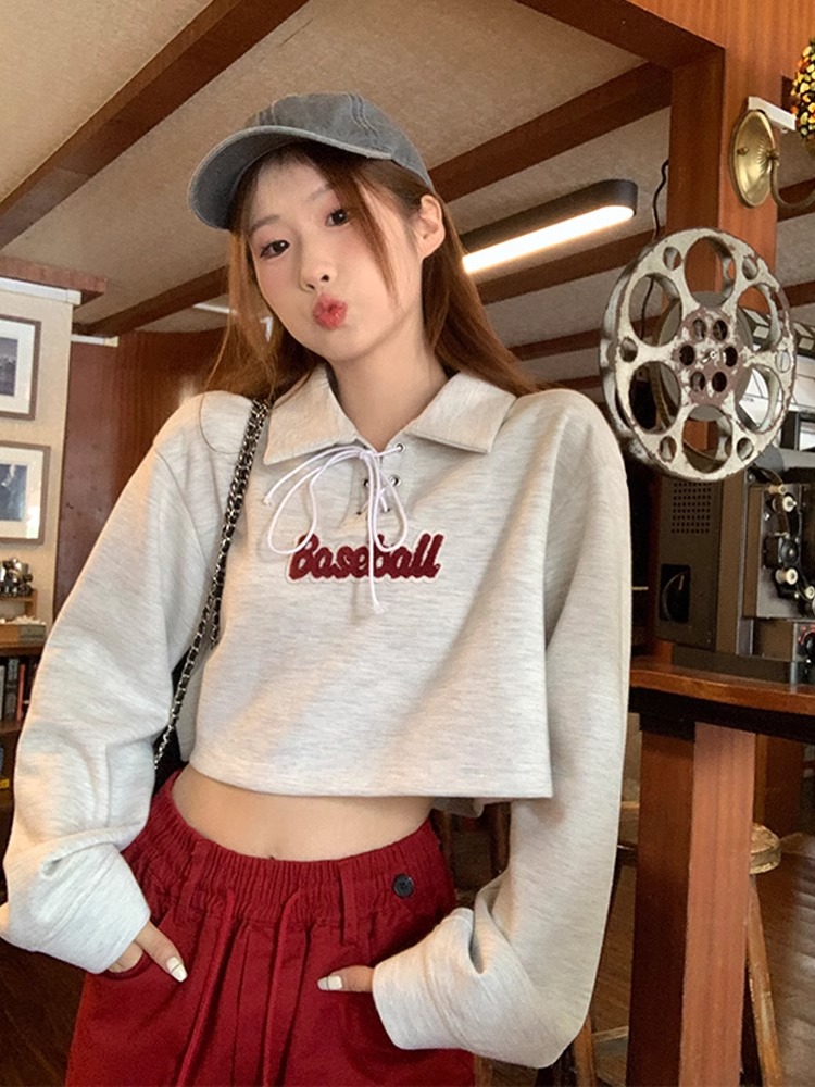 老6衣櫃美式字母印花polo領衛衣女秋寬鬆上衣
