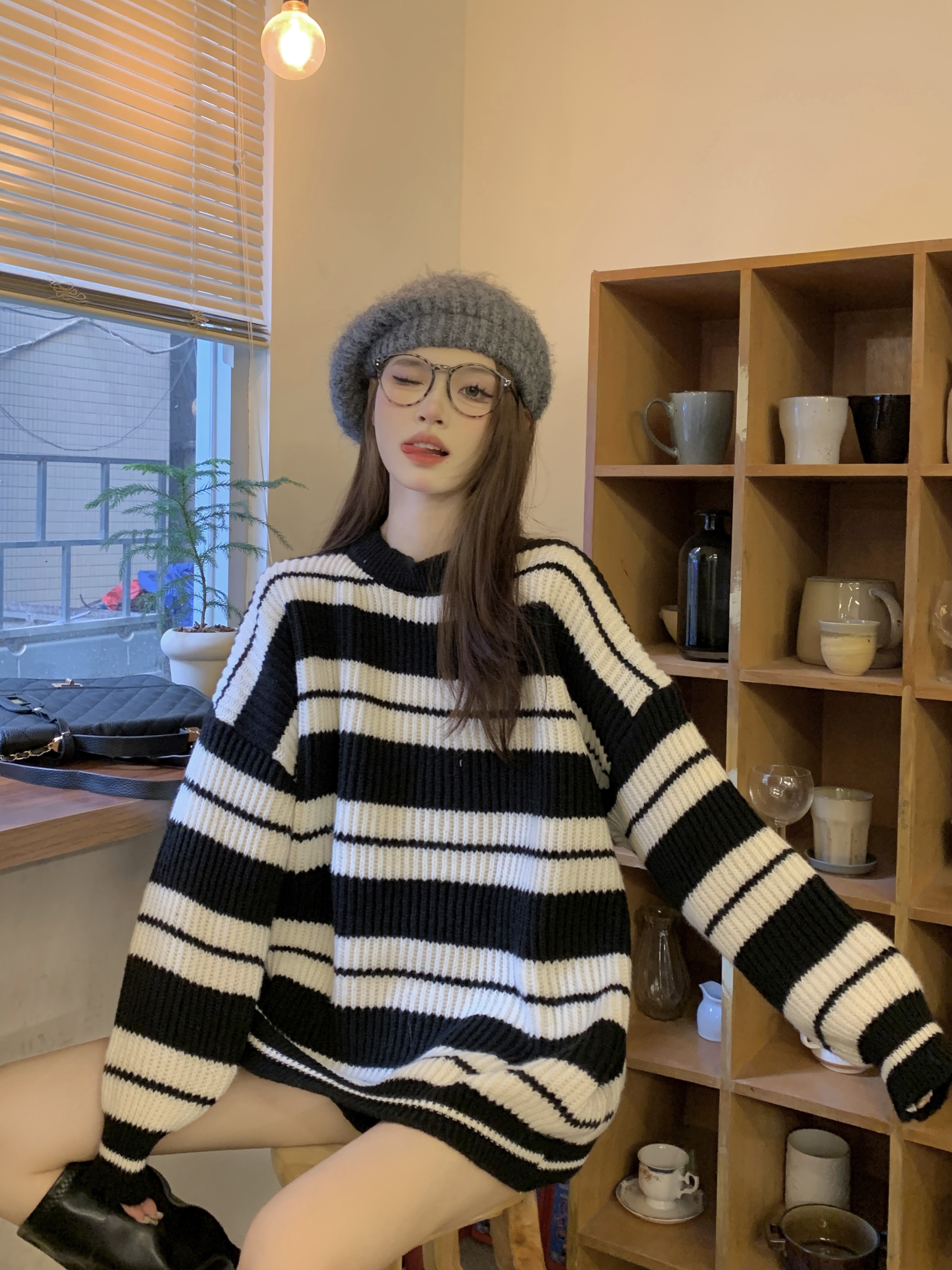 實拍 時尚疊穿撞色條紋針織衫秋冬季寬鬆時髦百搭外穿毛衣潮