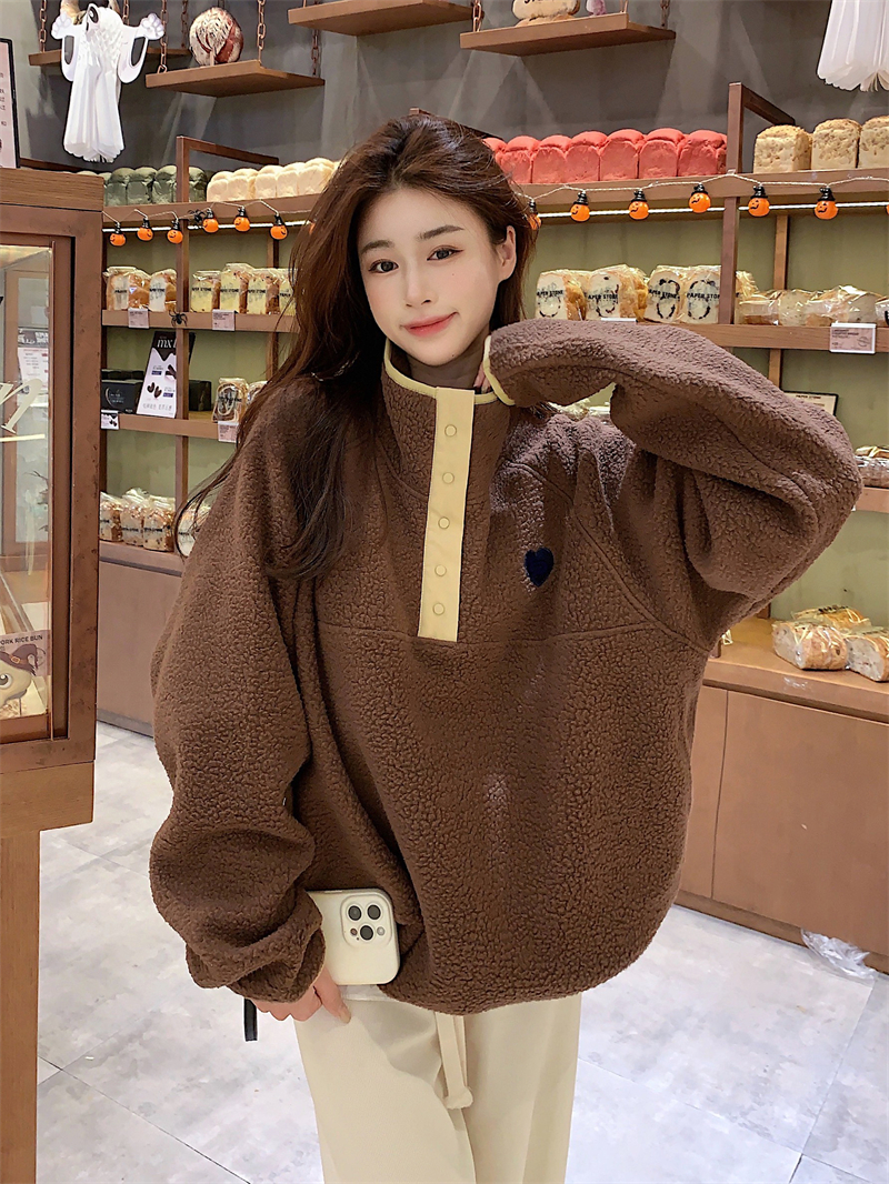 Actual shot: Autumn and winter soft double-sided thickened polar fleece casual contrasting color loose pullover sweatshirt for women