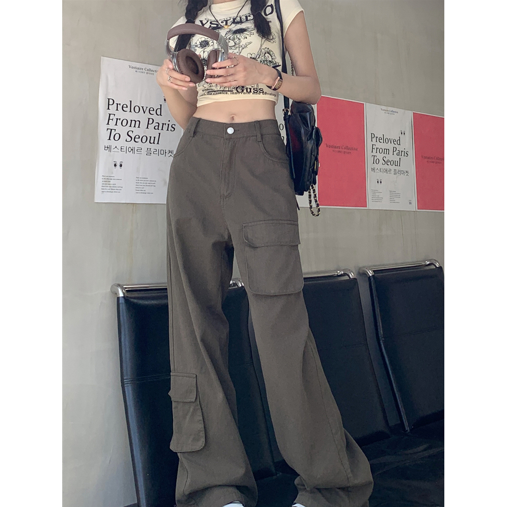 美式工裝褲休閒褲女秋季高腰顯瘦垂感拖地闊腿褲長褲子潮