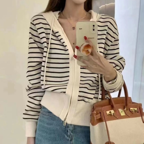 American retro age-reducing striped hooded knitted cardigan for women  new style foreign style versatile slimming top