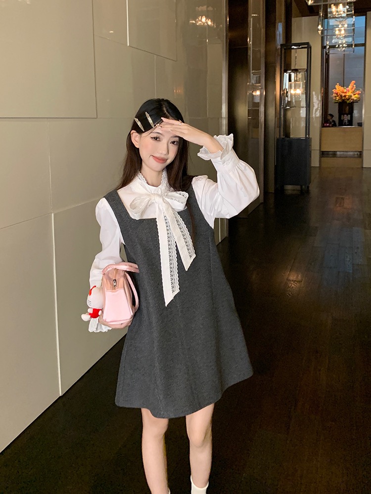 French high-end bow long-sleeved shirt woolen strap dress for women autumn 2023 new fashion suit
