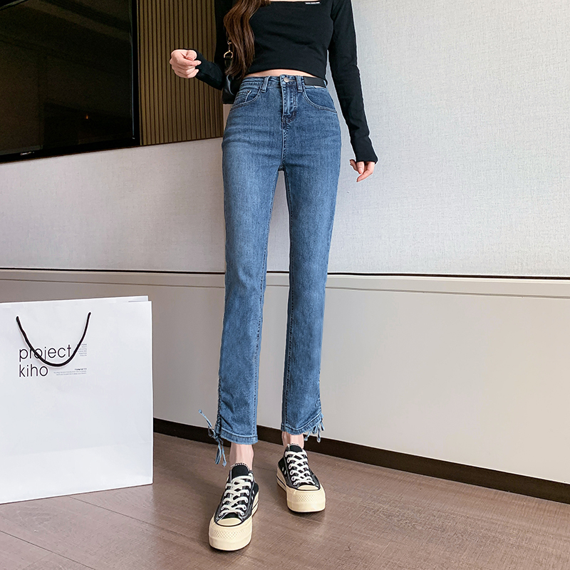 實拍2023秋季時尚高腰直筒煙管復古牛仔褲女