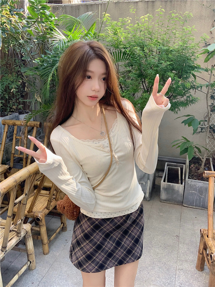 實拍~韓系休閒百搭碎花拼接假兩件長袖針織上衣女+格紋半身裙