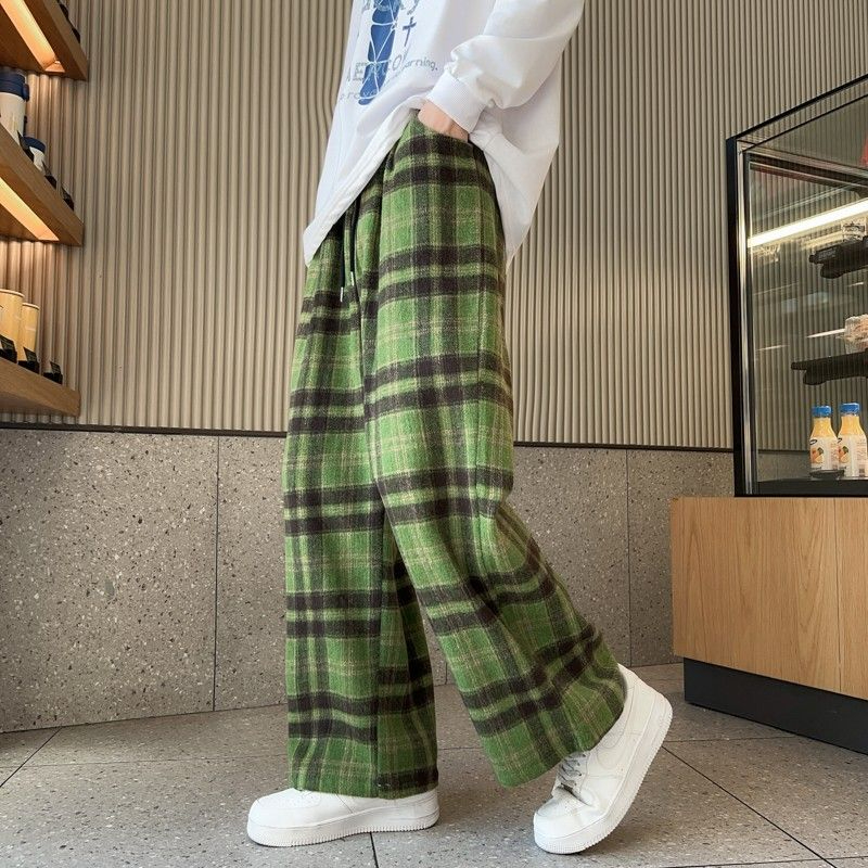 墨綠色復古格子褲秋冬新款抽繩鬆緊腰褲慵懶風褲子冬季毛呢直筒褲