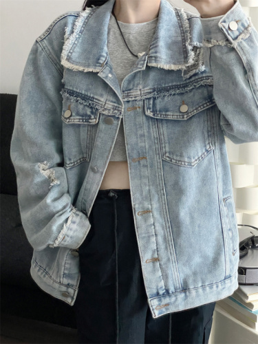 American retro washed old ripped denim jacket women's autumn wide casual all-match jacket tops