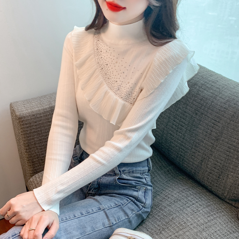 實拍荷葉邊燙鑽毛針織衫女冬秋新款甜美修身百搭減齡長袖打底衫
