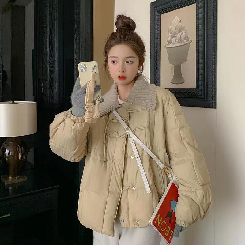 韓版針織大翻領輕薄棉襖鹽系小個子羽絨棉服女短款新款秋冬外套