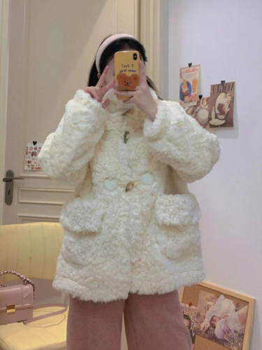 2023 Winter New Korean Style Lamb Down Fur Jacket Women's Long Sleeve Short Horn Button Fur One-piece Thickened Fur