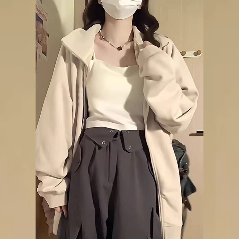 American retro zipper sweatshirt women's autumn and winter 2023 new small man's right shoulder oversize jacket spring and autumn