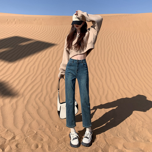 Photographed~  Autumn/Winter Korean Version Fleece Lined Thick Fleece Straight Leg Smoked Pipe Jeans 4-Way Stretch Ins Loafers