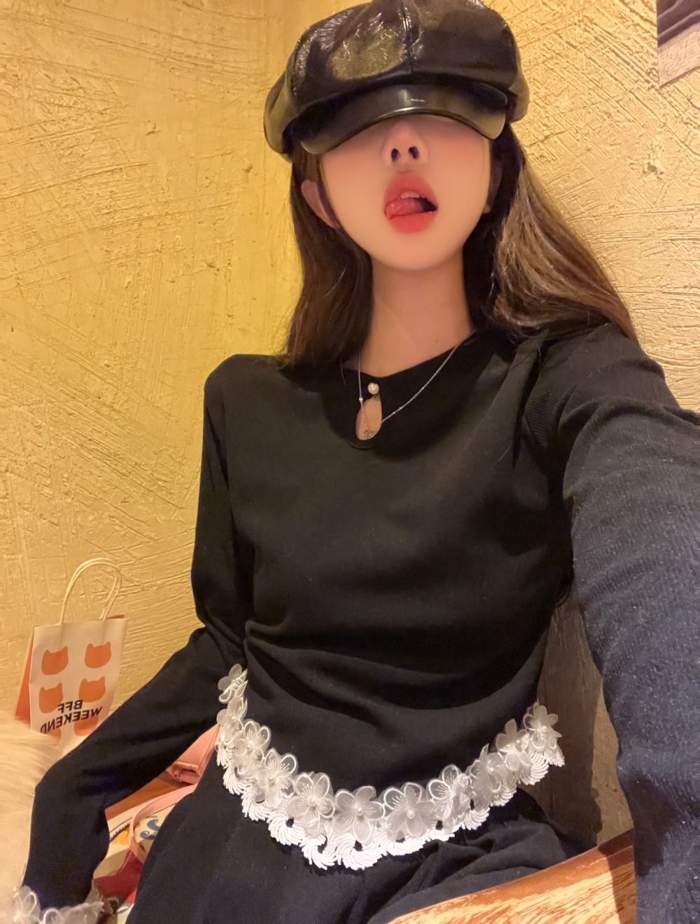 實拍三標齊復古法式珍珠花朵邊設計感長袖針織上衣