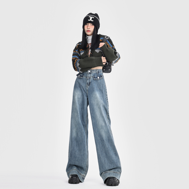 實拍美式復古寬鬆顯瘦百搭拖地牛仔褲女