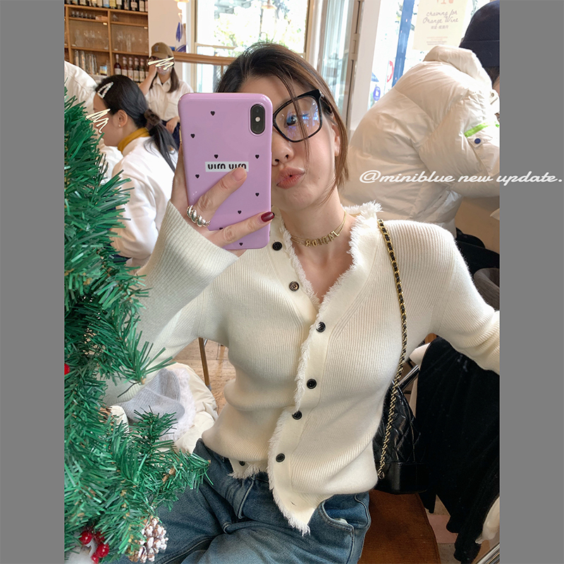 miniblue別致V領毛邊針織開衫外套女秋季修身打底衫內搭外穿上衣