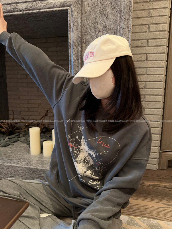 haleyhaley自製嬰兒絨加絨狗狗美式塗鴉圓領長袖舒適衛衣