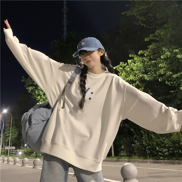 加絨加厚慵懶BF風長袖衛衣秋季韓版2023新款印花寬鬆無帽大碼女裝