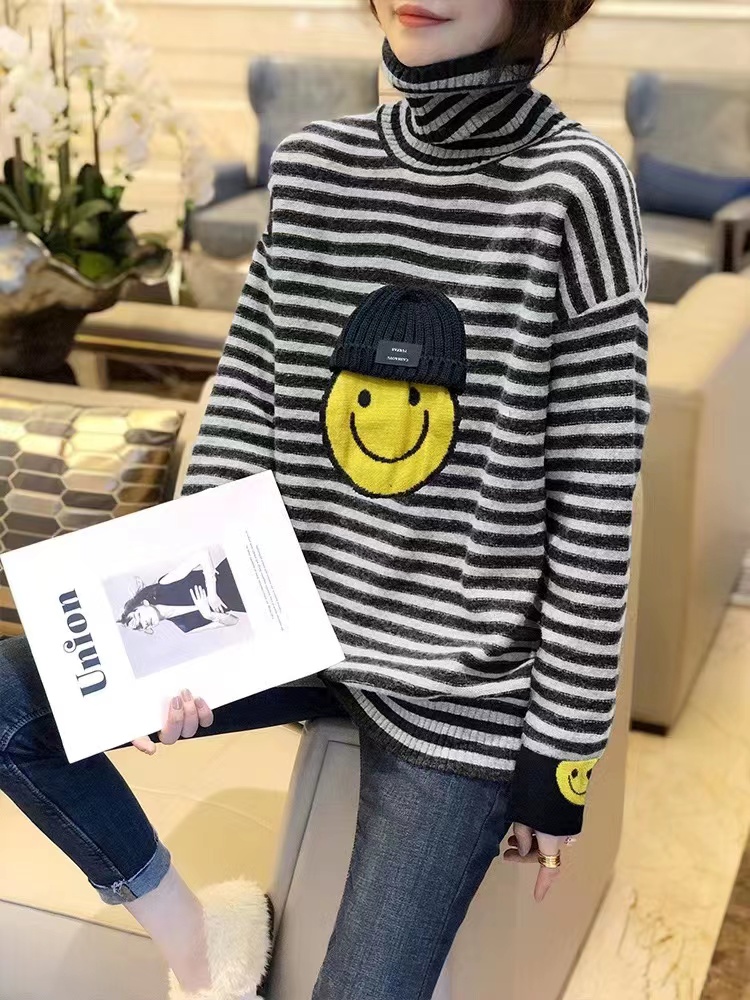 堆堆領高領條紋毛衣女加厚小個子洋氣內搭打底衫冬裝2023新款歐貨