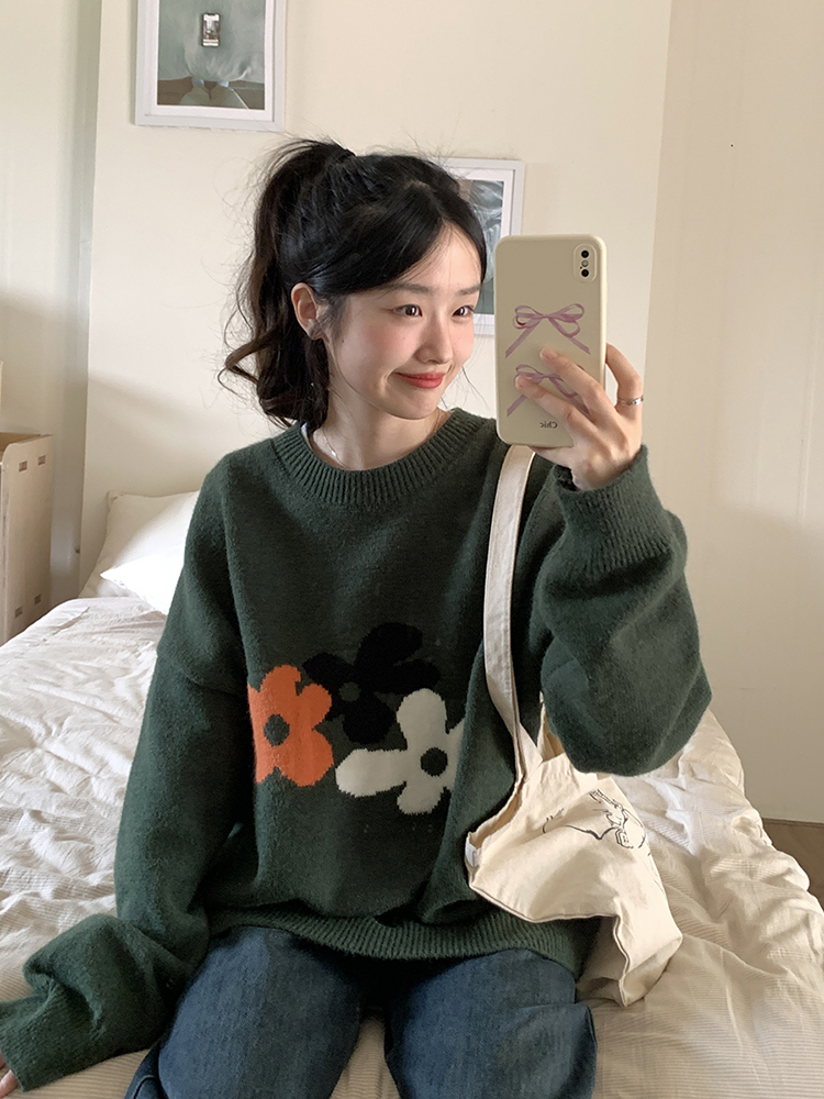 陸小團團韓系慵懶風花朵毛衣女2023秋冬新款vintage復古針織上衣