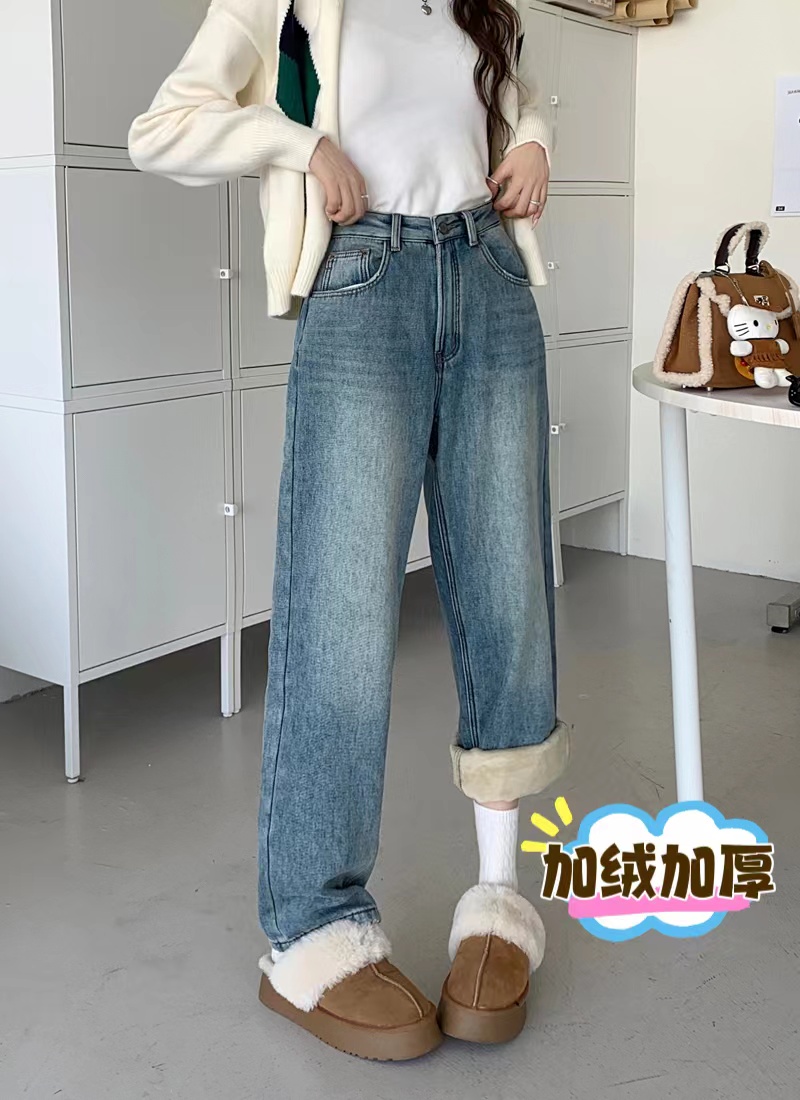 實拍 加絨加厚高腰牛仔褲冬季寬鬆垂感拖地直筒休閒闊腿褲