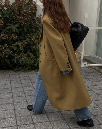 韩国INS设计师款气质翻领单排扣羊绒大衣宽松长款毛呢外套