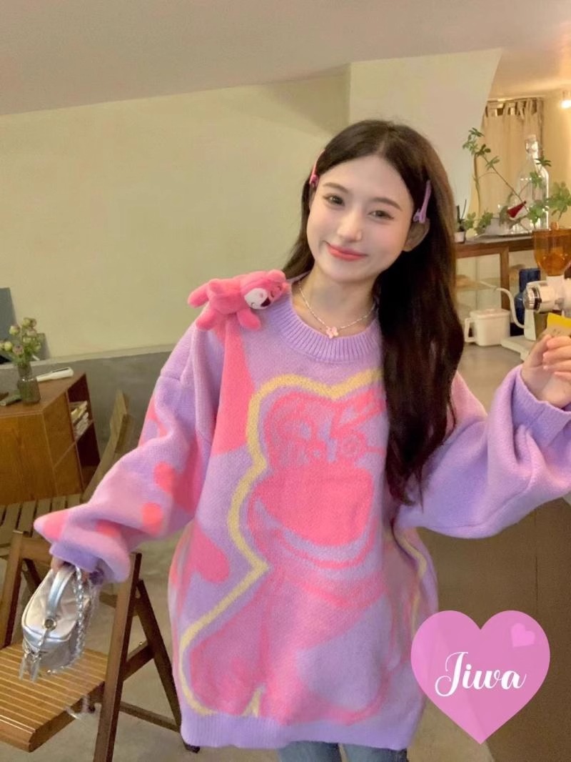 2023秋冬小眾設計甜美立體草莓熊毛衣女慵懶寬鬆百搭圓領針織上衣