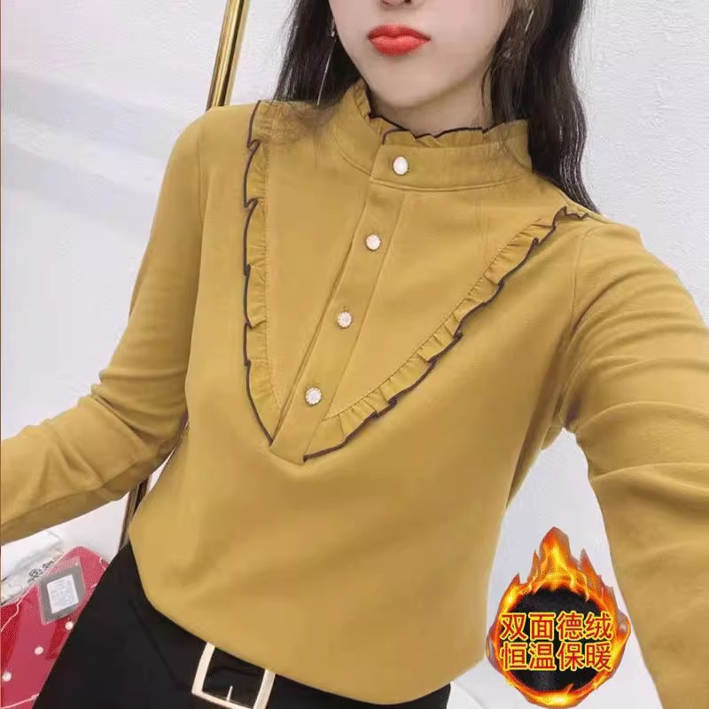 螺紋德絨半高領打底衫長袖t恤女秋冬新款外穿洋氣保暖上衣潮