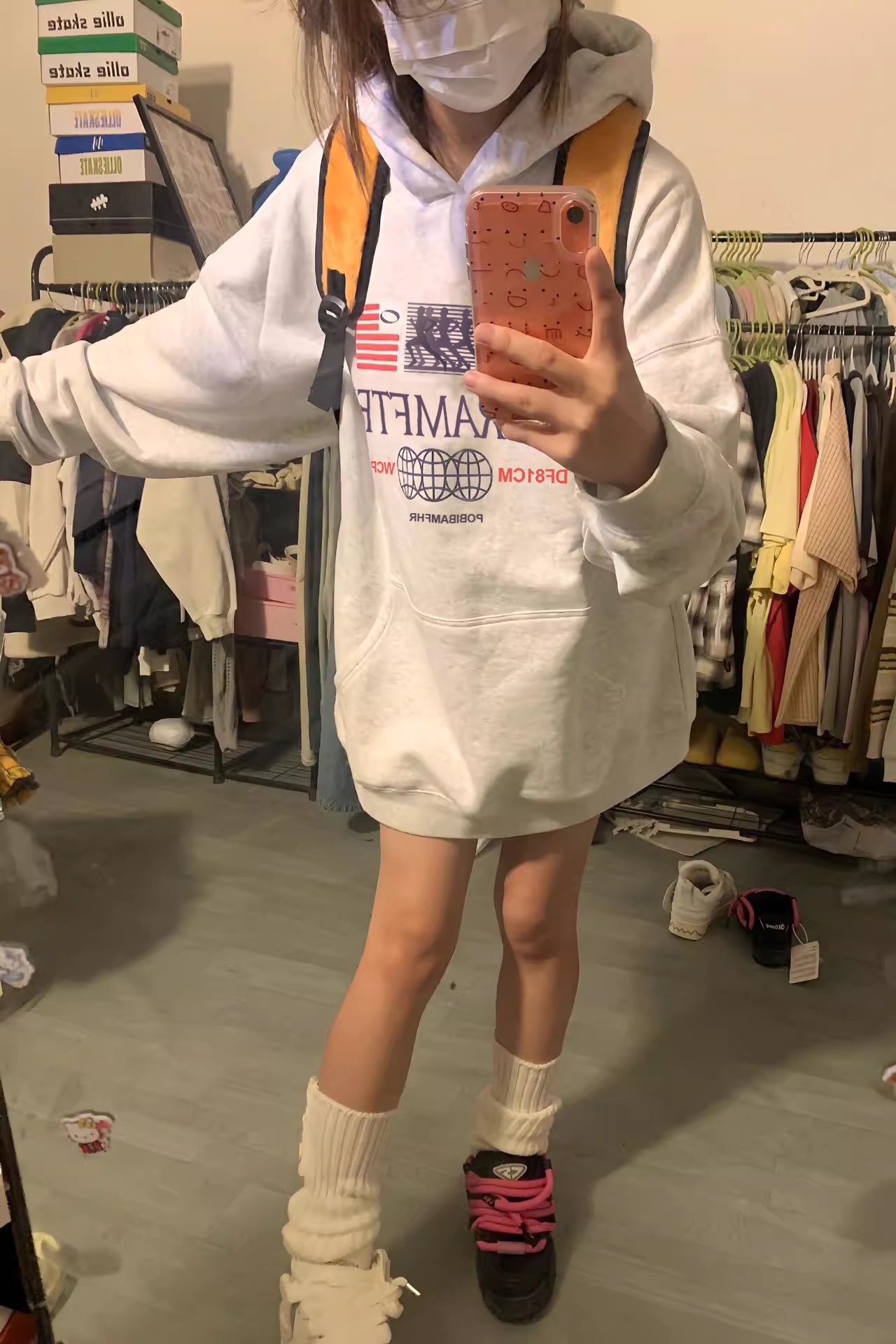 vintage連帽白灰色衛衣女秋冬美式復古潮牌oversize加絨上衣外套
